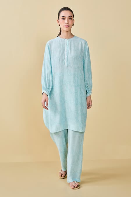 Grassroot By Anita Dongre Blue Modal Silk Hand Block Printed Tree Round Breeze Kurta And Pant Set 