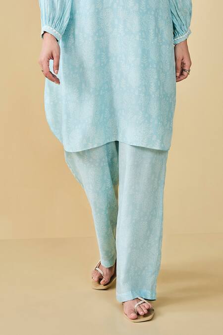 Grassroot By Anita Dongre_Blue Modal, Silk Embroidery Round Tree Breeze Hand Block Print Kurta And Pant Set _Online_at_Aza_Fashions