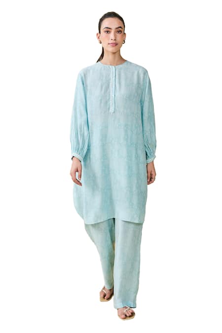 Buy_Grassroot By Anita Dongre_Blue Modal, Silk Embroidery Round Tree Breeze Hand Block Print Kurta And Pant Set _Online_at_Aza_Fashions