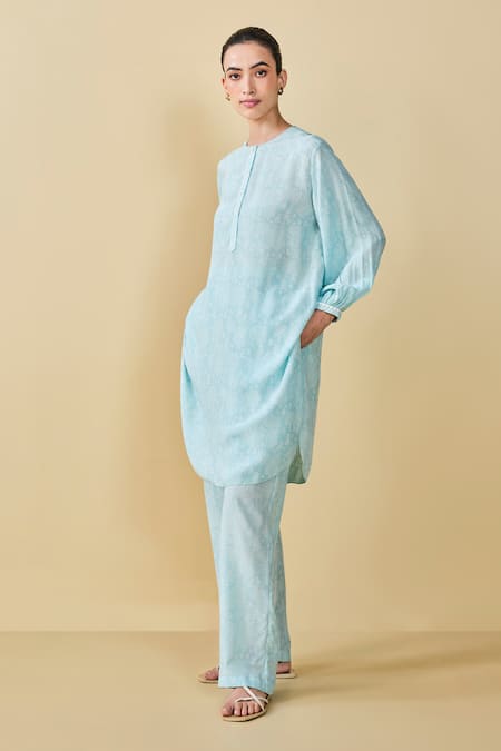 Shop_Grassroot By Anita Dongre_Blue Modal, Silk Embroidery Round Tree Breeze Hand Block Print Kurta And Pant Set _Online_at_Aza_Fashions