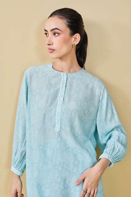 Buy_Grassroot By Anita Dongre_Blue Modal, Silk Embroidery Round Tree Breeze Hand Block Print Kurta And Pant Set 