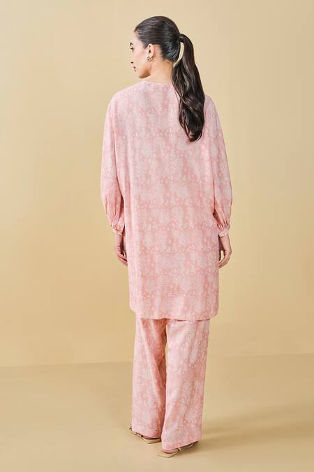 Shop Grassroot By Anita Dongre Peach Modal, Silk Embroidery Tree Breeze Hand Block Printed Kurta And Pant Set at Aza Fashions Shop_Grassroot By Anita Dongre_Peach Modal, Silk Embroidery Tree Breeze Hand Block Printed Kurta And Pant Set_at_Aza_Fashions