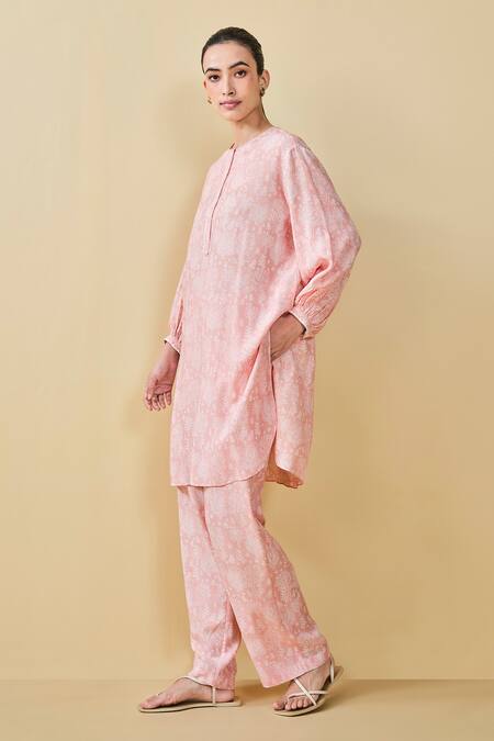 Shop Grassroot By Anita Dongre Peach Modal, Silk Embroidery Tree Breeze Hand Block Printed Kurta And Pant Set Online at Aza Fashions Shop_Grassroot By Anita Dongre_Peach Modal, Silk Embroidery Tree Breeze Hand Block Printed Kurta And Pant Set_Online_at_Aza_Fashions