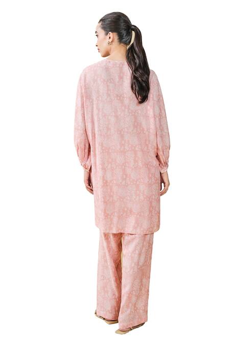 Grassroot By Anita Dongre Peach Modal, Silk Embroidery Tree Breeze Hand Block Printed Kurta And Pant Set at Aza Fashions Grassroot By Anita Dongre_Peach Modal, Silk Embroidery Tree Breeze Hand Block Printed Kurta And Pant Set_at_Aza_Fashions