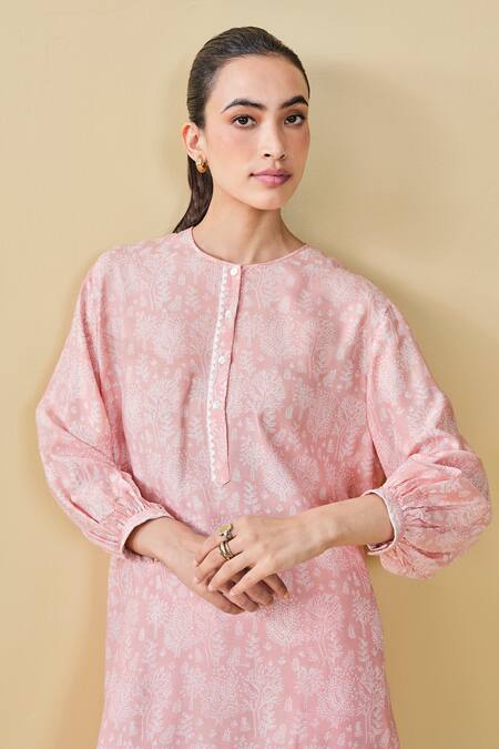 Buy Grassroot By Anita Dongre Peach Modal, Silk Embroidery Tree Breeze Hand Block Printed Kurta And Pant Set Buy_Grassroot By Anita Dongre_Peach Modal, Silk Embroidery Tree Breeze Hand Block Printed Kurta And Pant Set