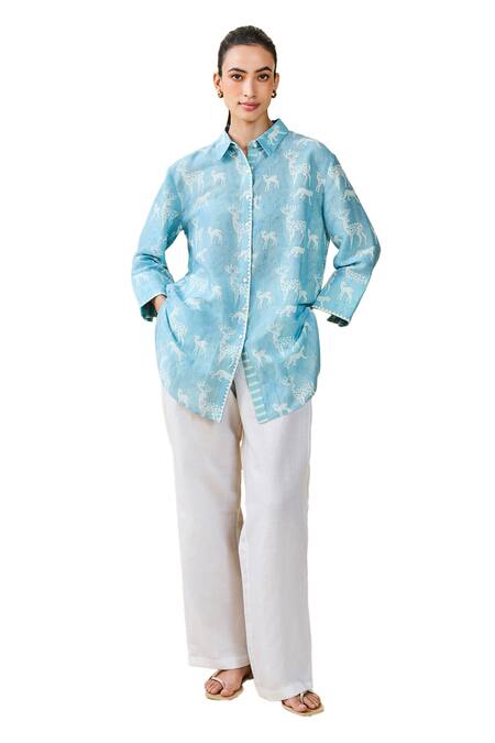 Buy_Grassroot By Anita Dongre_Blue Bamboo Embroidery Collared Chital Hand Block Printed Shirt_Online_at_Aza_Fashions