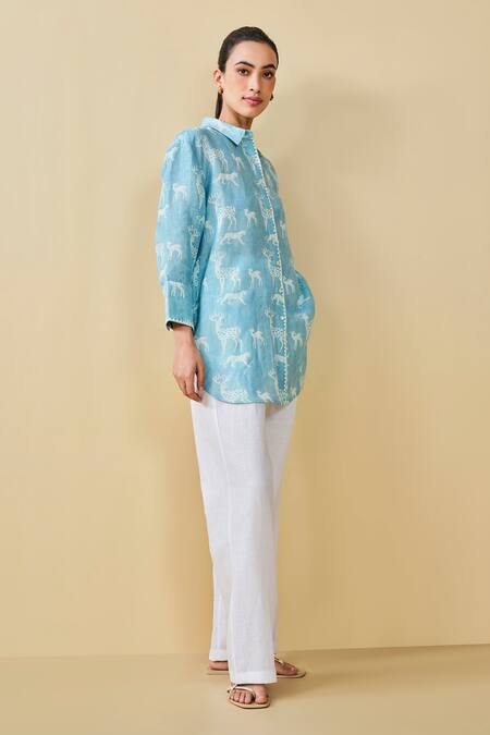 Shop_Grassroot By Anita Dongre_Blue Bamboo Embroidery Collared Chital Hand Block Printed Shirt_Online_at_Aza_Fashions