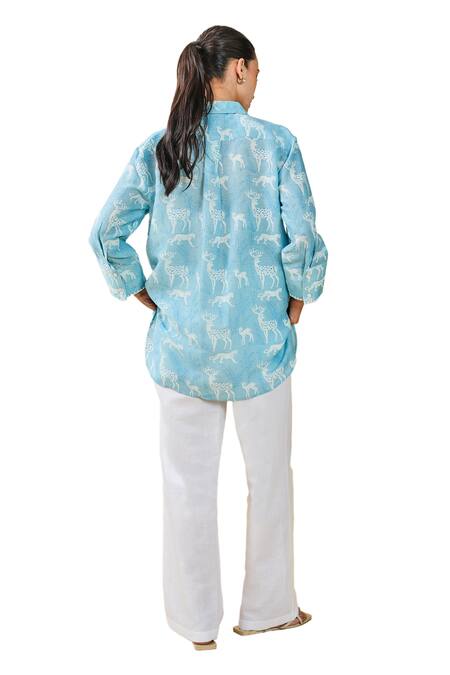 Grassroot By Anita Dongre_Blue Bamboo Embroidery Collared Chital Hand Block Printed Shirt_at_Aza_Fashions