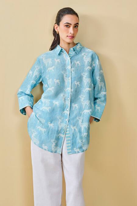 Buy_Grassroot By Anita Dongre_Blue Bamboo Embroidery Collared Chital Hand Block Printed Shirt