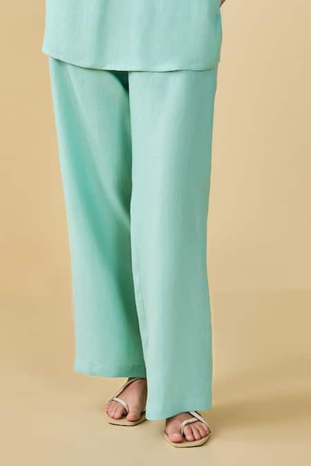 Grassroot By Anita Dongre_Green Hemp Embroidery Round Neck Birding Pattern Top And Pant Set _Online_at_Aza_Fashions