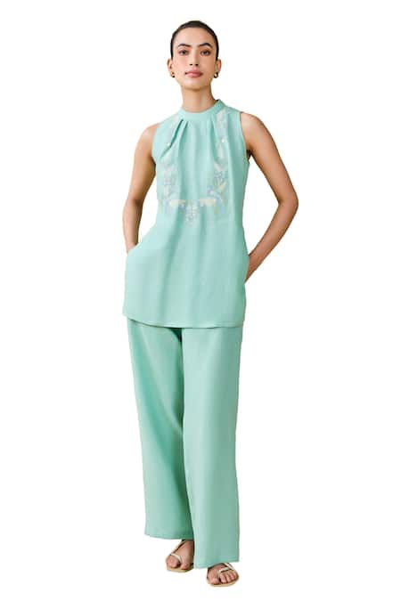 Buy_Grassroot By Anita Dongre_Green Hemp Embroidery Round Neck Birding Pattern Top And Pant Set _Online_at_Aza_Fashions