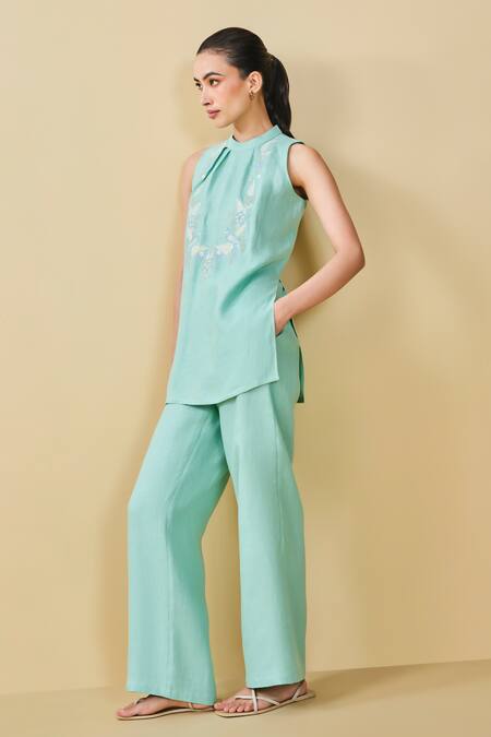 Shop_Grassroot By Anita Dongre_Green Hemp Embroidery Round Neck Birding Pattern Top And Pant Set _Online_at_Aza_Fashions
