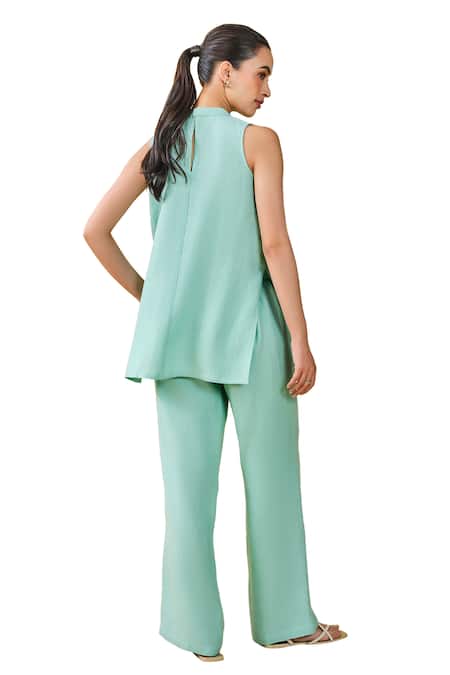 Grassroot By Anita Dongre_Green Hemp Embroidery Round Neck Birding Pattern Top And Pant Set _at_Aza_Fashions