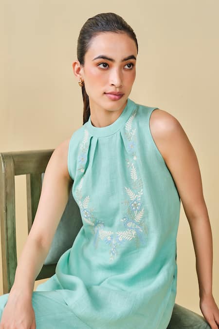 Buy_Grassroot By Anita Dongre_Green Hemp Embroidery Round Neck Birding Pattern Top And Pant Set 