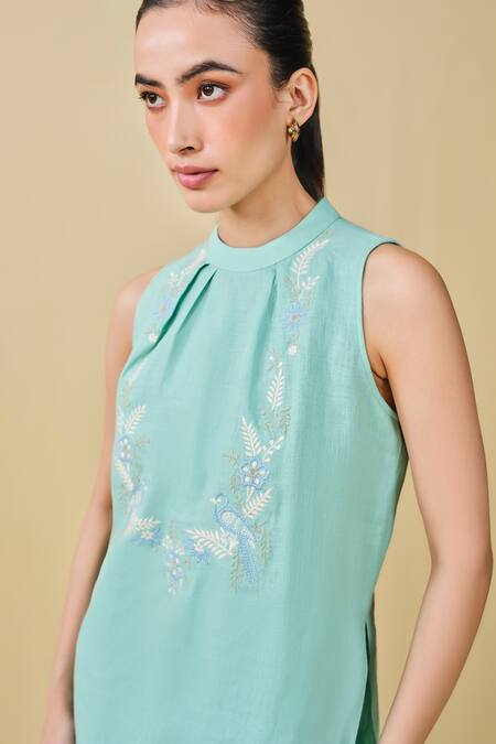 Shop_Grassroot By Anita Dongre_Green Hemp Embroidery Round Neck Birding Pattern Top And Pant Set 