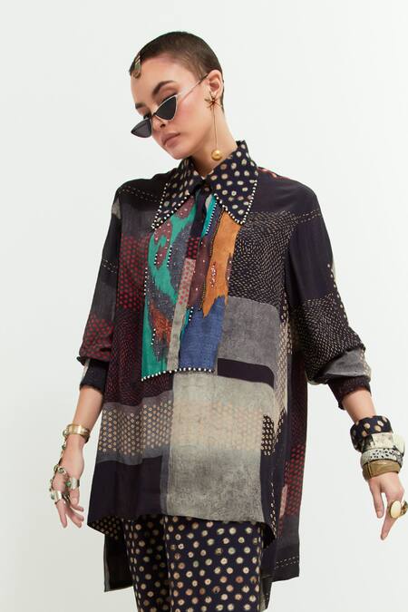 Aseem Kapoor Multi Color Crepe Beads, Embroidery Collared Atri Yoke Shirt at Aza Fashions Aseem Kapoor_Multi Color Crepe Beads, Embroidery Collared Atri Yoke Shirt _at_Aza_Fashions
