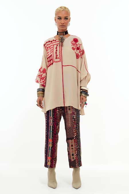 Aseem Kapoor Beige Crepe Embroidery Round Neck Mandala Long Top Online at Aza Fashions Aseem Kapoor_Beige Crepe Embroidery Round Neck Mandala Long Top _Online_at_Aza_Fashions