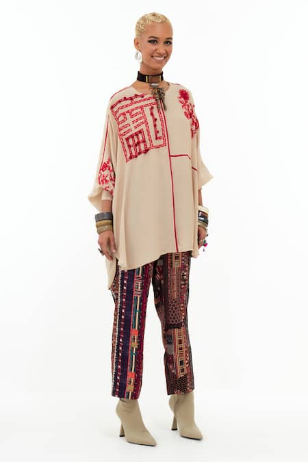 Shop Aseem Kapoor Beige Crepe Embroidery Round Neck Mandala Long Top Online at Aza Fashions Shop_Aseem Kapoor_Beige Crepe Embroidery Round Neck Mandala Long Top _Online_at_Aza_Fashions