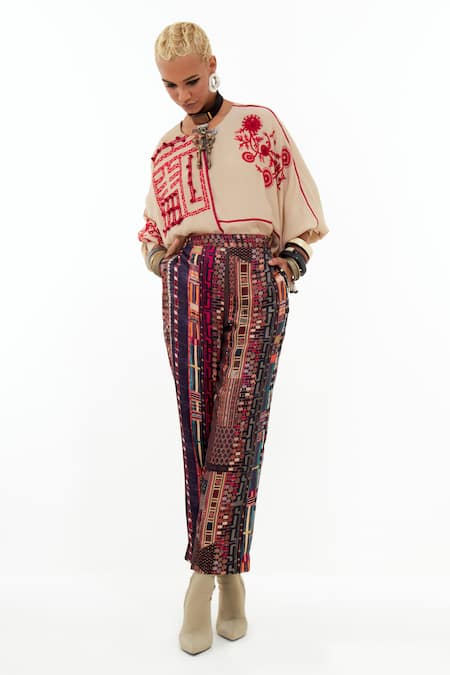 Shop Aseem Kapoor Beige Crepe Embroidery Round Neck Mandala Long Top Shop_Aseem Kapoor_Beige Crepe Embroidery Round Neck Mandala Long Top