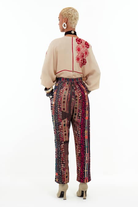 Shop Aseem Kapoor Beige Crepe, Satin Embroidery Round Neck Mandala Long Top With Trouser at Aza Fashions Shop_Aseem Kapoor_Beige Crepe, Satin Embroidery Round Neck Mandala Long Top With Trouser _at_Aza_Fashions