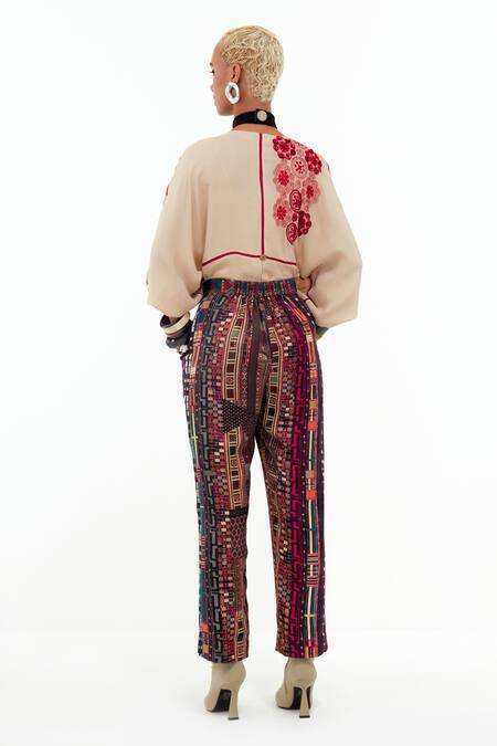 Aseem Kapoor Beige Crepe, Satin Embroidery Round Neck Mandala Long Top With Trouser Online at Aza Fashions Aseem Kapoor_Beige Crepe, Satin Embroidery Round Neck Mandala Long Top With Trouser _Online_at_Aza_Fashions