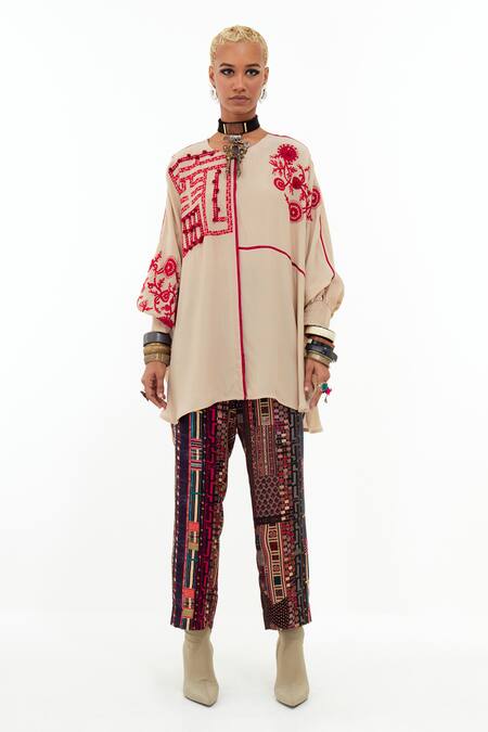 Buy Aseem Kapoor Beige Crepe, Satin Embroidery Round Neck Mandala Long Top With Trouser Online at Aza Fashions Buy_Aseem Kapoor_Beige Crepe, Satin Embroidery Round Neck Mandala Long Top With Trouser _Online_at_Aza_Fashions