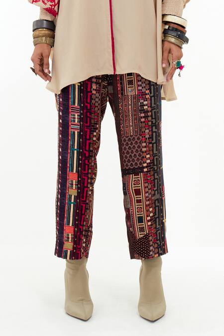 Shop Aseem Kapoor Beige Crepe, Satin Embroidery Round Neck Mandala Long Top With Trouser Online at Aza Fashions Shop_Aseem Kapoor_Beige Crepe, Satin Embroidery Round Neck Mandala Long Top With Trouser _Online_at_Aza_Fashions