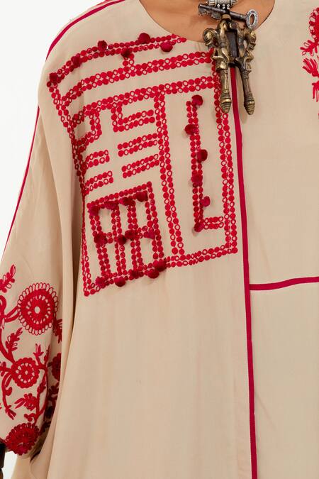 Aseem Kapoor Beige Crepe, Satin Embroidery Round Neck Mandala Long Top With Trouser at Aza Fashions Aseem Kapoor_Beige Crepe, Satin Embroidery Round Neck Mandala Long Top With Trouser _at_Aza_Fashions