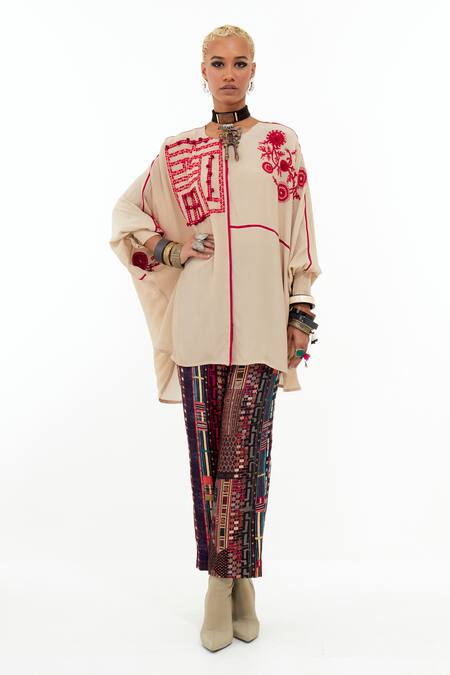 Buy Aseem Kapoor Beige Crepe, Satin Embroidery Round Neck Mandala Long Top With Trouser Buy_Aseem Kapoor_Beige Crepe, Satin Embroidery Round Neck Mandala Long Top With Trouser