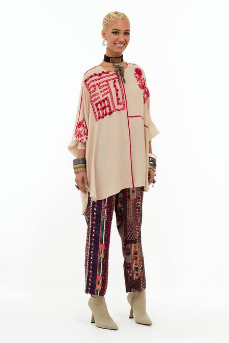 Shop Aseem Kapoor Beige Crepe, Satin Embroidery Round Neck Mandala Long Top With Trouser Shop_Aseem Kapoor_Beige Crepe, Satin Embroidery Round Neck Mandala Long Top With Trouser