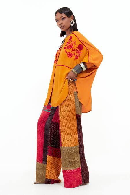 Aseem Kapoor Yellow Crepe Embroidery Round Neck Resham Long Top Online at Aza Fashions Aseem Kapoor_Yellow Crepe Embroidery Round Neck Resham Long Top _Online_at_Aza_Fashions