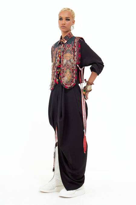 Shop Aseem Kapoor Multi Color Silk, Satin Beads, Fabric Tribal Embroidered Gilet Jacket With Shirt Online at Aza Fashions Shop_Aseem Kapoor_Multi Color Silk, Satin Beads, Fabric Tribal Embroidered Gilet Jacket With Shirt _Online_at_Aza_Fashions