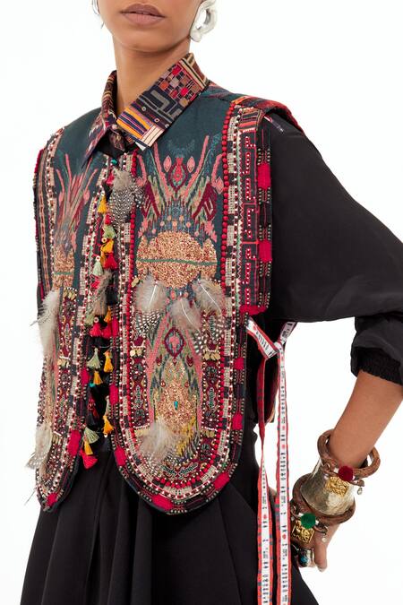 Aseem Kapoor Multi Color Silk, Satin Beads, Fabric Tribal Embroidered Gilet Jacket With Shirt at Aza Fashions Aseem Kapoor_Multi Color Silk, Satin Beads, Fabric Tribal Embroidered Gilet Jacket With Shirt _at_Aza_Fashions