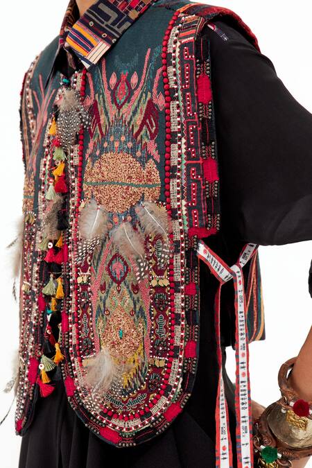 Buy Aseem Kapoor Multi Color Silk, Satin Beads, Fabric Tribal Embroidered Gilet Jacket With Shirt Buy_Aseem Kapoor_Multi Color Silk, Satin Beads, Fabric Tribal Embroidered Gilet Jacket With Shirt