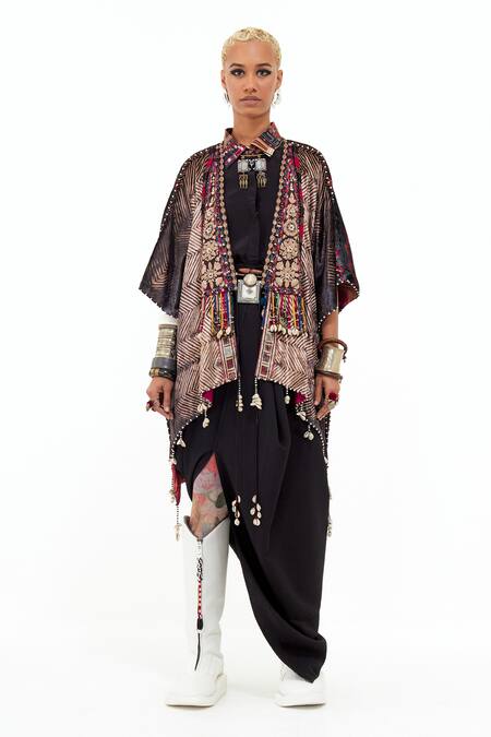 Aseem Kapoor Multi Color Velvet, Crepe Beads Open Tribal Embroidered Veni Jacket Skirt Set Online at Aza Fashions Aseem Kapoor_Multi Color Velvet, Crepe Beads Open Tribal Embroidered Veni Jacket Skirt Set _Online_at_Aza_Fashions