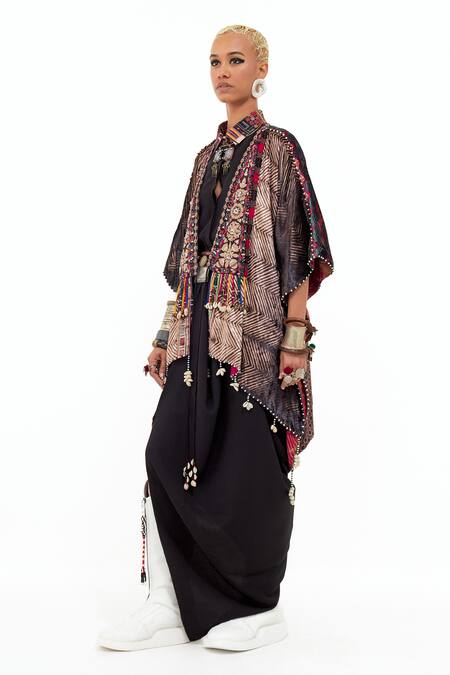 Shop Aseem Kapoor Multi Color Velvet, Crepe Beads Open Tribal Embroidered Veni Jacket Skirt Set Online at Aza Fashions Shop_Aseem Kapoor_Multi Color Velvet, Crepe Beads Open Tribal Embroidered Veni Jacket Skirt Set _Online_at_Aza_Fashions