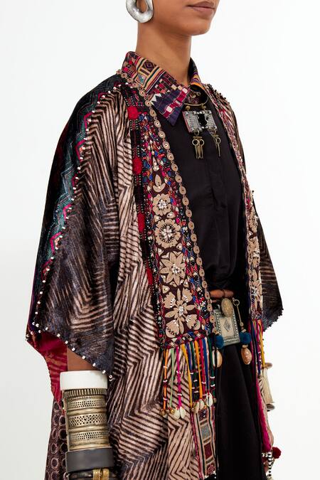 Aseem Kapoor Multi Color Velvet, Crepe Beads Open Tribal Embroidered Veni Jacket Skirt Set at Aza Fashions Aseem Kapoor_Multi Color Velvet, Crepe Beads Open Tribal Embroidered Veni Jacket Skirt Set _at_Aza_Fashions