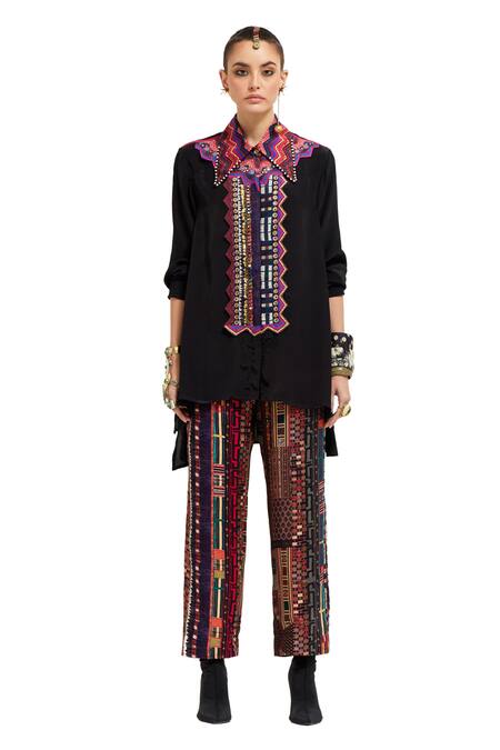 Aseem Kapoor Multi Color Cotton, Silk, Satin Atri Embroidered Placket Shirt With Trouser at Aza Fashions Aseem Kapoor_Multi Color Cotton, Silk, Satin Atri Embroidered Placket Shirt With Trouser _at_Aza_Fashions