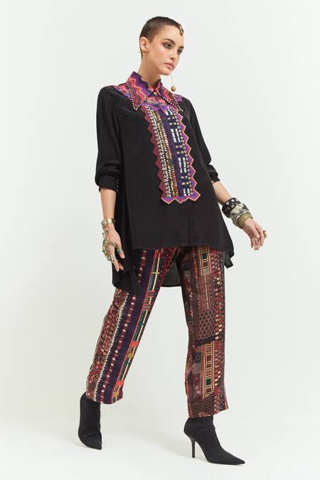 Shop Aseem Kapoor Multi Color Cotton, Silk, Satin Atri Embroidered Placket Shirt With Trouser Shop_Aseem Kapoor_Multi Color Cotton, Silk, Satin Atri Embroidered Placket Shirt With Trouser