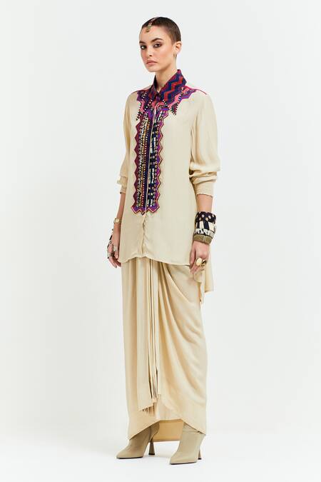 Aseem Kapoor Beige Crepe Mirrors, Sequins, Beads Atri Tribal Embroidered Placket Shirt at Aza Fashions Aseem Kapoor_Beige Crepe Mirrors, Sequins, Beads Atri Tribal Embroidered Placket Shirt _at_Aza_Fashions