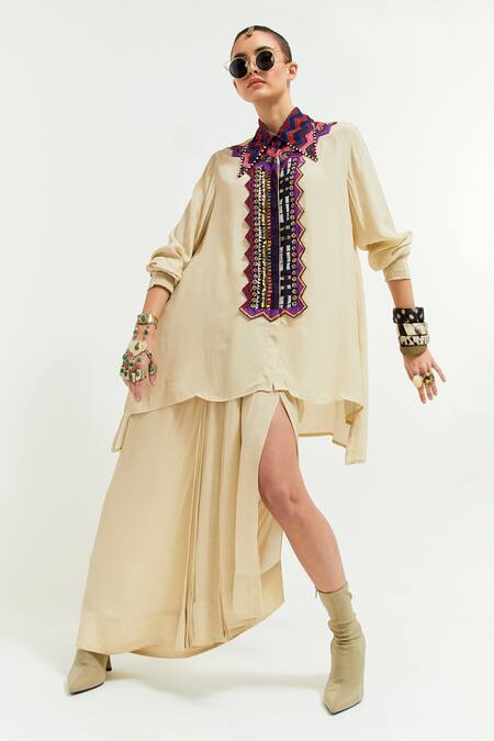 Shop Aseem Kapoor Beige Crepe Mirrors, Sequins, Beads Atri Tribal Embroidered Placket Shirt Shop_Aseem Kapoor_Beige Crepe Mirrors, Sequins, Beads Atri Tribal Embroidered Placket Shirt