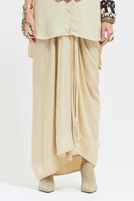 Buy Aseem Kapoor Beige Crepe Mirrors, Sequins, Atri Tribal Embroidered Placket Shirt With Skirt Online at Aza Fashions Buy_Aseem Kapoor_Beige Crepe Mirrors, Sequins, Atri Tribal Embroidered Placket Shirt With Skirt _Online_at_Aza_Fashions