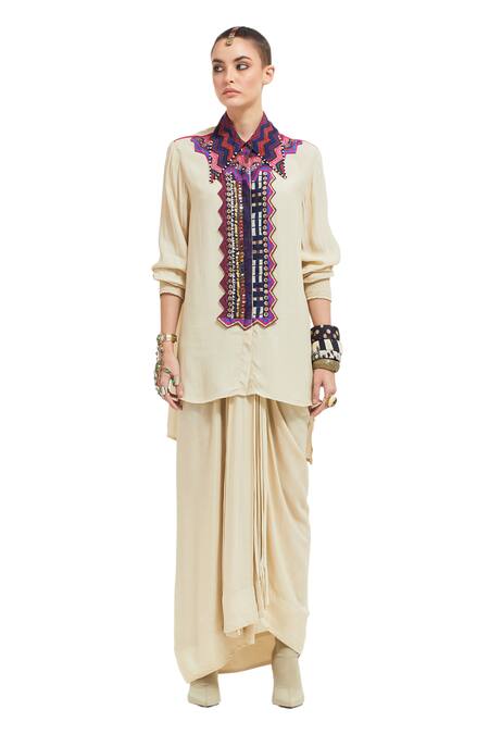Shop Aseem Kapoor Beige Crepe Mirrors, Sequins, Atri Tribal Embroidered Placket Shirt With Skirt Online at Aza Fashions Shop_Aseem Kapoor_Beige Crepe Mirrors, Sequins, Atri Tribal Embroidered Placket Shirt With Skirt _Online_at_Aza_Fashions