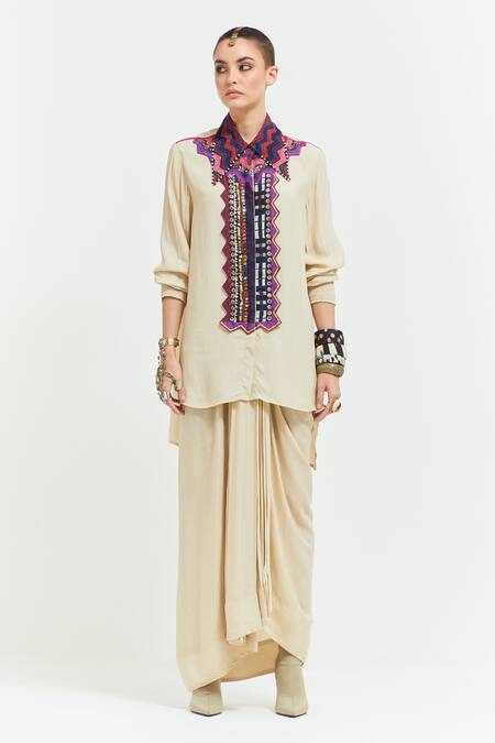 Aseem Kapoor Beige Crepe Mirrors, Sequins, Atri Tribal Embroidered Placket Shirt With Skirt at Aza Fashions Aseem Kapoor_Beige Crepe Mirrors, Sequins, Atri Tribal Embroidered Placket Shirt With Skirt _at_Aza_Fashions