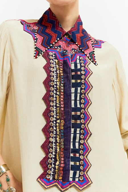 Shop Aseem Kapoor Beige Crepe Mirrors, Sequins, Atri Tribal Embroidered Placket Shirt With Skirt Shop_Aseem Kapoor_Beige Crepe Mirrors, Sequins, Atri Tribal Embroidered Placket Shirt With Skirt