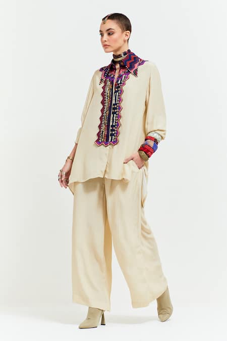 Aseem Kapoor Beige Crepe Sequins, Beads, Atri Tribal Embroidered Placket Shirt With Pant 