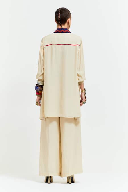 Shop Aseem Kapoor Beige Crepe Sequins, Beads, Atri Tribal Embroidered Placket Shirt With Pant at Aza Fashions Shop_Aseem Kapoor_Beige Crepe Sequins, Beads, Atri Tribal Embroidered Placket Shirt With Pant _at_Aza_Fashions