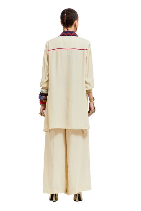 Aseem Kapoor Beige Crepe Sequins, Beads, Atri Tribal Embroidered Placket Shirt With Pant Online at Aza Fashions Aseem Kapoor_Beige Crepe Sequins, Beads, Atri Tribal Embroidered Placket Shirt With Pant _Online_at_Aza_Fashions