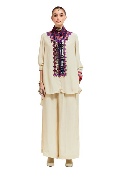 Shop Aseem Kapoor Beige Crepe Sequins, Beads, Atri Tribal Embroidered Placket Shirt With Pant Online at Aza Fashions Shop_Aseem Kapoor_Beige Crepe Sequins, Beads, Atri Tribal Embroidered Placket Shirt With Pant _Online_at_Aza_Fashions