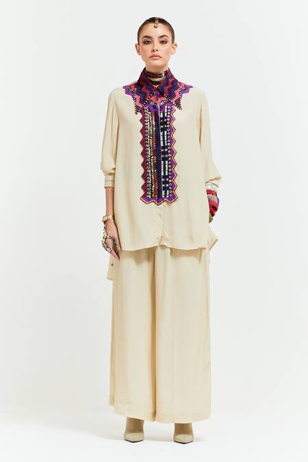 Aseem Kapoor Beige Crepe Sequins, Beads, Atri Tribal Embroidered Placket Shirt With Pant at Aza Fashions Aseem Kapoor_Beige Crepe Sequins, Beads, Atri Tribal Embroidered Placket Shirt With Pant _at_Aza_Fashions